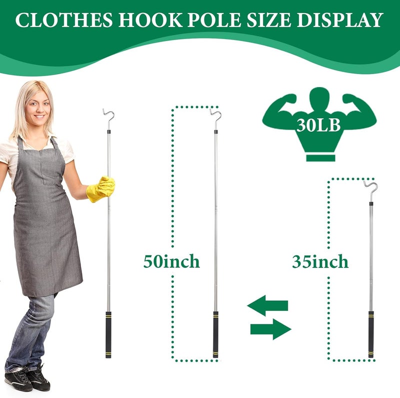 Frebuta Clothes Hanger Reaching Hook,33 to 51Inch Clothing Hook Pole Long Christmas Light Hanging Extension Adjustable Clothes Rod Assist Tool Sponge Handle Shutters Pole Ceiling Home Reacher Poles - Image 2